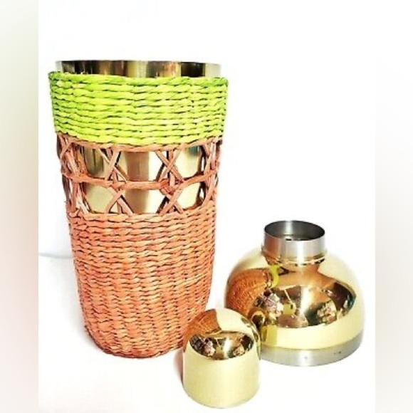 Anthropologie Tamra Cocktail Shaker Raffia Gold StrainerJigger Bar accessory - Picture 5 of 7